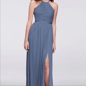 Steel Blue Open Back Lace and Mesh Dress